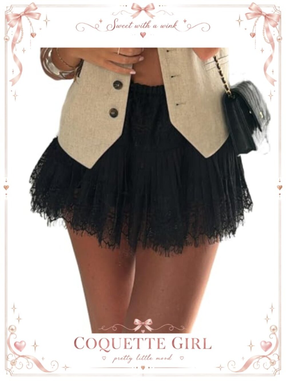 Y2K Ruffle Pleated Mini Skort Lace Hem Built-In Shorts